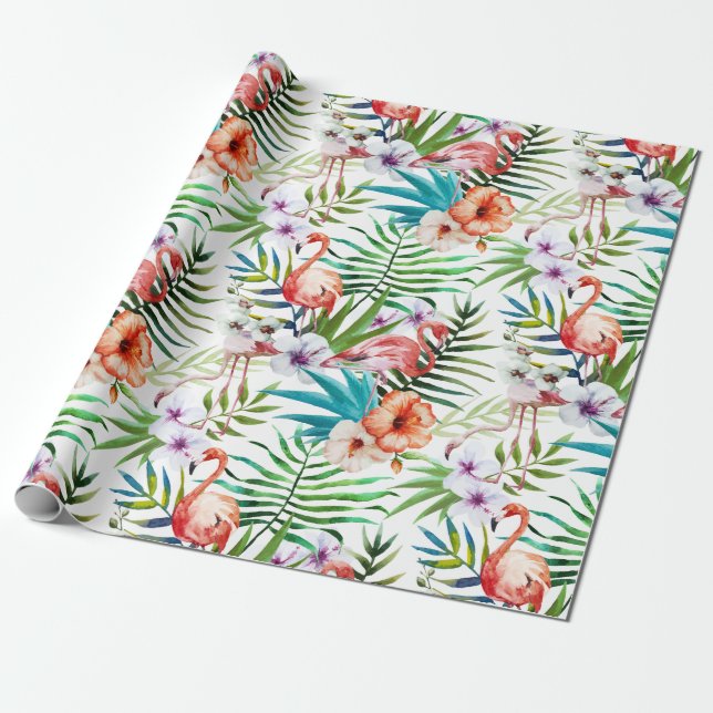 Papier Cadeau Motif tropical de jardin de nature de Flamant rose (Déroulé)
