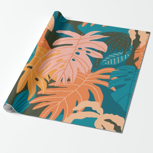 Papier Cadeau Motif tropical feuille coloré (Déroulé)
