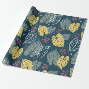 Papier Cadeau Motif tropical feuille stylisé, vert & jaune
