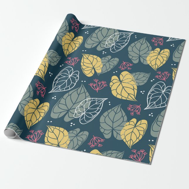 Papier Cadeau Motif tropical feuille stylisé, vert & jaune (Déroulé)