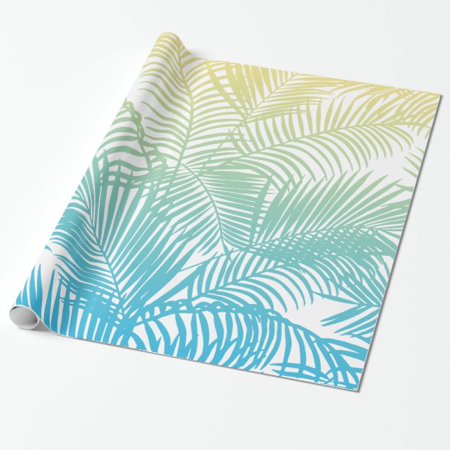 Papier Cadeau Motif tropical jaune turquoise moderne de palmiers (Déroulé)