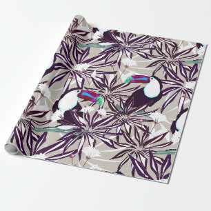 Papier Cadeau Motif tropicale avec palmiers et oiseaux.