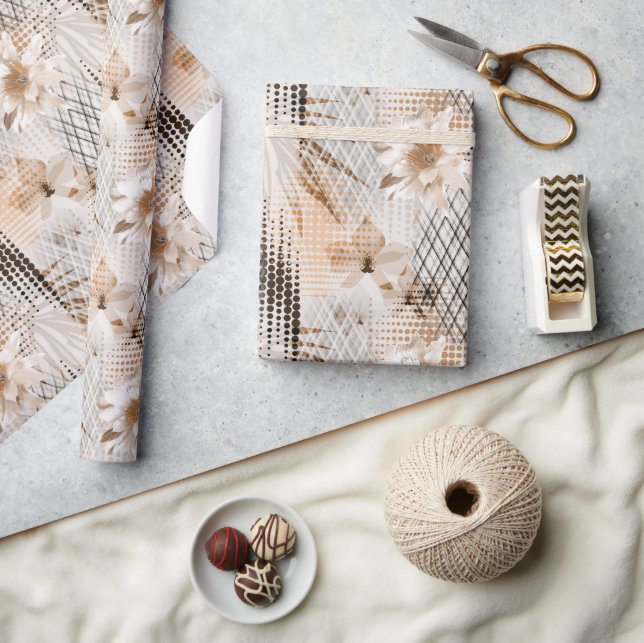 Papier Cadeau Motif tropicale grise, beige. (Artisanat)