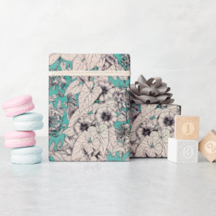 Papier Cadeau Motif turquoise de fleurs graphiques blanches