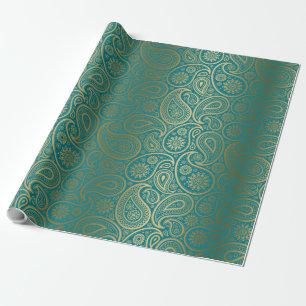 Papier Cadeau Motif Turquoise & Gold Paisley