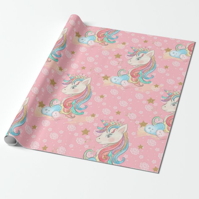 Papier Cadeau Motif Unicorne rose (Déroulé)