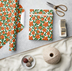 Papier Cadeau Motif végétal moderne rouge orange floral vert