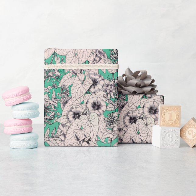 Papier Cadeau Motif vert Turquoise blanc de fleurs graphiques (Baby Shower)