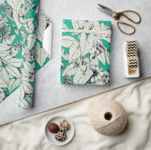 Papier Cadeau Motif vert Turquoise blanc de fleurs graphiques
