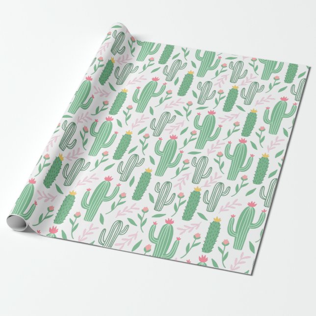 Papier Cadeau Motif vert violet de plante de cactus (Déroulé)