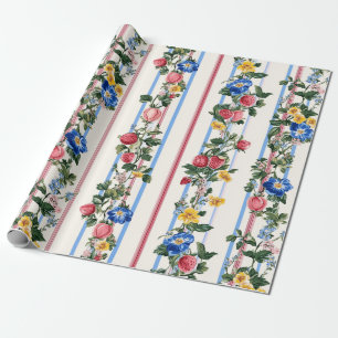 Papier Cadeau Motif vintage à rayures florales fraises verticale