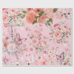 Papier Cadeau Motif vintage chic roses et papillons roses