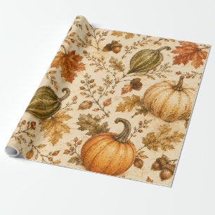 Papier Cadeau Motif vintage de citrouille et de gourdes d'automn