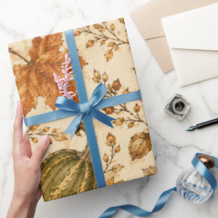 Papier Cadeau Motif vintage de citrouilles et de gourdes d'autom