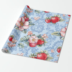 Papier Cadeau Motif vintage de fraises et fleurs