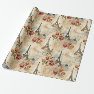 Papier Cadeau Motif vintage de Paris à l'aquarelle florale franç