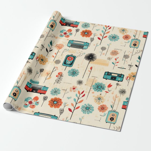 Papier Cadeau Motif vintage Floral & Caméra (2) (Déroulé)