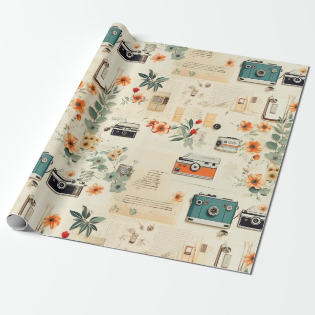 Papier Cadeau Motif vintage Floral & Caméra (6) (Déroulé)