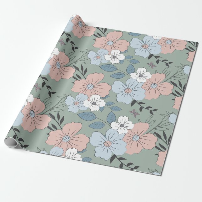Papier Cadeau Motif vintage rose, bleu et vert (Déroulé)