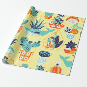 Papier Cadeau motif vintage sans soudure avec succulents et cact