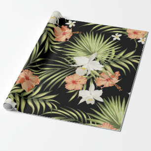 Papier Cadeau motif vintage tropical aux fleurs d'hibiscus et