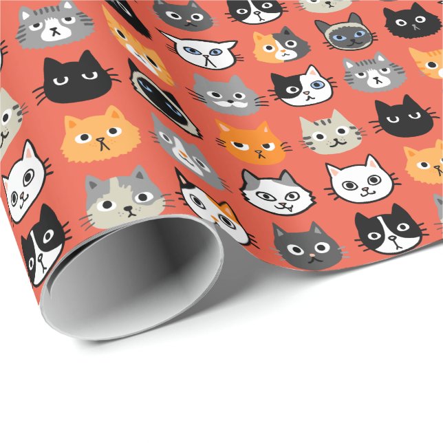 Papier Cadeau Motif Visages de chat | Cool Kitty Cat Lover (Coin rond)