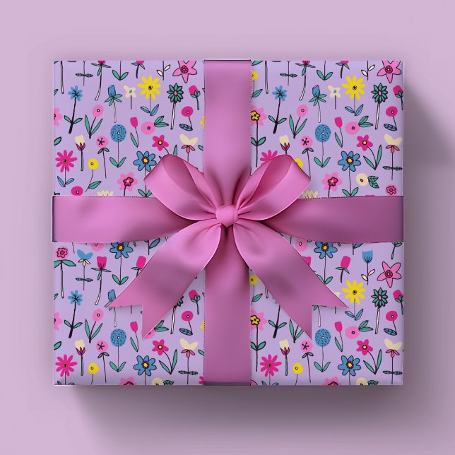 Papier Cadeau Motif Whimsical Floral pour enfants (Floral wildflower wrapping paper in lilac and pink. Perfect for girls birthday party or baby shower)