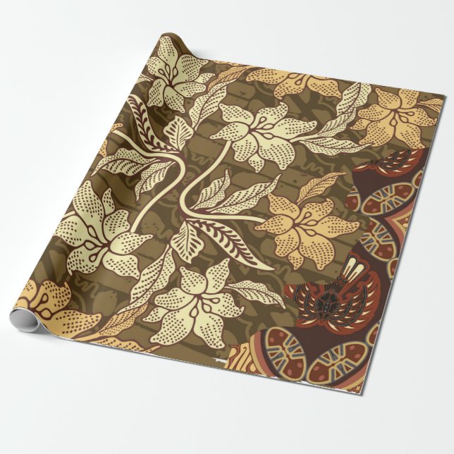 Papier Cadeau Motifs batik indonésiens avec patte de flore et de (Déroulé)
