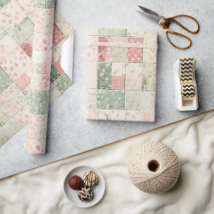 Papier Cadeau Motifs de courtepointe floraux rose menthe occiden