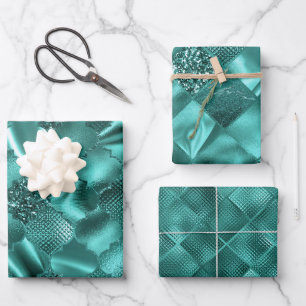 Papier Cadeau Motifs de feuille de diamant pailletés sarcelle él