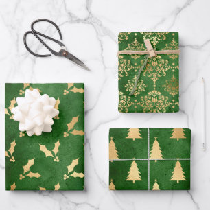 Papier Cadeau Motifs de Noël d'hiver en feuille d'or vert et or
