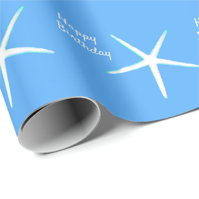 Papier Cadeau Motifs de Starfish Joyeux anniversaire bleu nautiq (Coin rond)