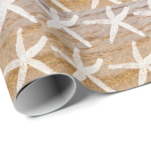 Papier Cadeau Motifs d'étoiles de mer blanc Plage de sable nauti (Coin rond)