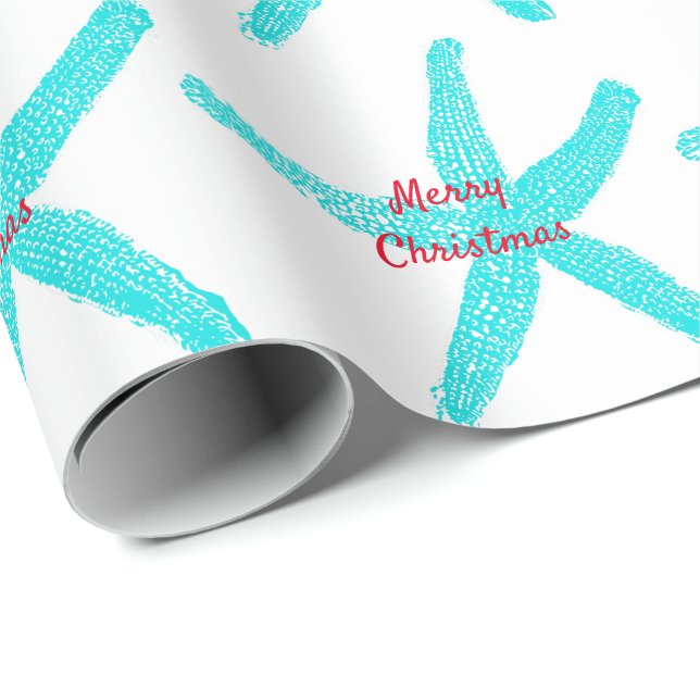 Papier Cadeau Motifs d'étoiles de mer Turquoise Red Beach Joyeux (Coin rond)