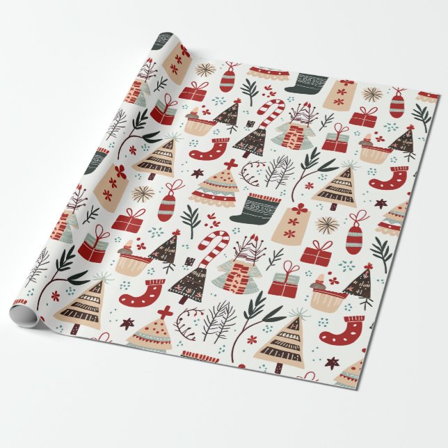 Papier Cadeau Motifs festifs dessinés à la main (Déroulé)