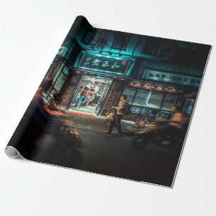 PAPIER CADEAU MOTOCYCLES ET PERSONNES PASSANT LA NUIT