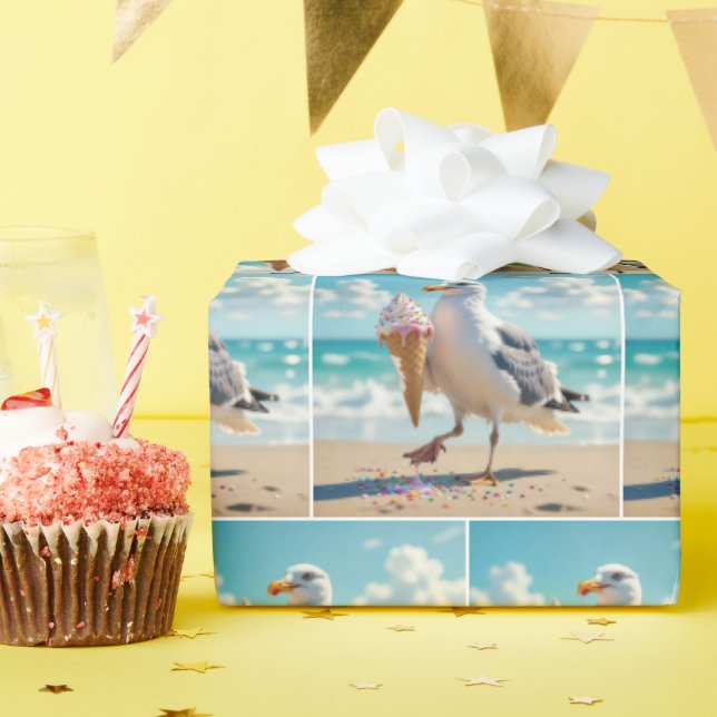 Papier Cadeau Mouette tenant un cornet de glace (Fête d'anniversaire)