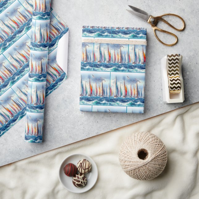 Papier Cadeau Mouettes s'élevant au-dessus d'une régate de voili (Artisanat)