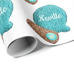 Papier Cadeau Moufle d'hiver mignon flocon bleu brun laine