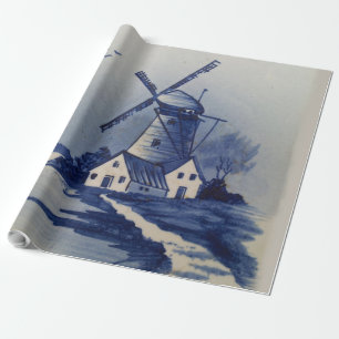 Papier Cadeau Moulin à vent bleu blanc Delft antique