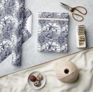 Papier Cadeau Moulin à vent d'art antique chic orné bleu Delft h