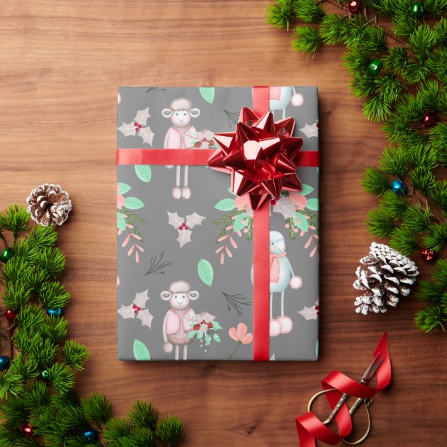 Papier Cadeau Moutons d'hiver de Noël sur gris (Cadeau de vacances)
