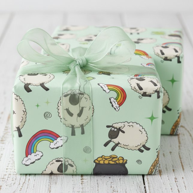 Papier Cadeau Moutons et trèfles de la Saint-Patrick pour enfant (Kids Green St Patrick's Day Wrapping Paper. Cute Irish Sheep, Shamrocks, Rainbow, Four Leaf Clovers)