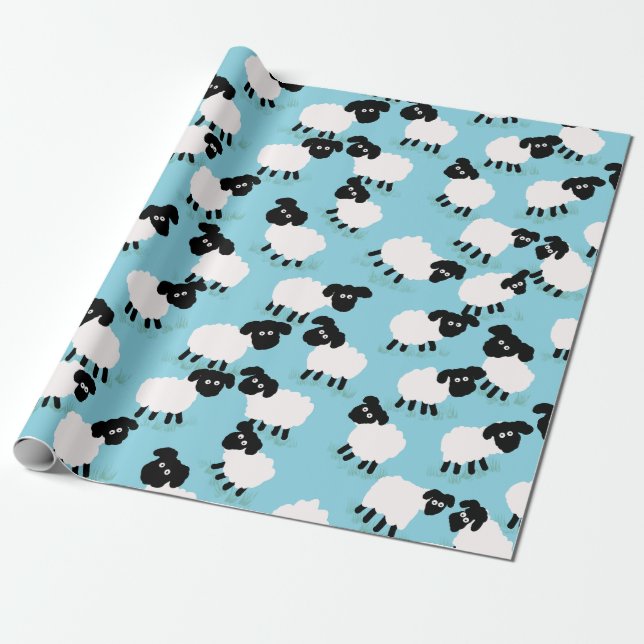 Papier Cadeau Moutons moelleux sur fond bleu bébé (Déroulé)