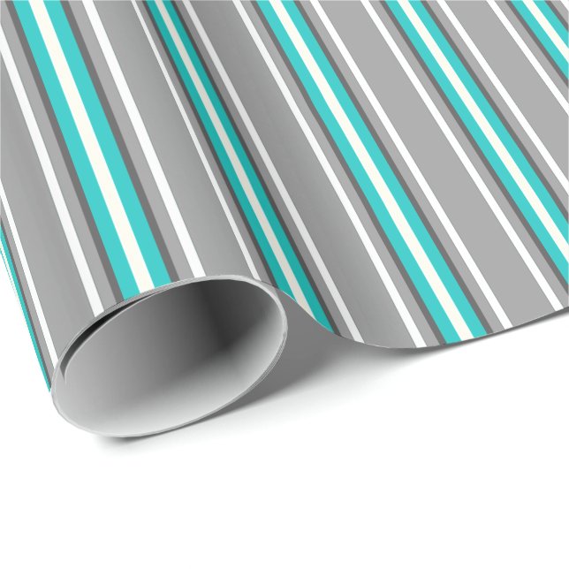 Papier Cadeau Moyenne du siècle moderne rayures, gris et turquoi (Coin rond)