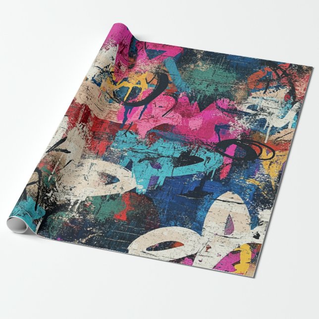 Papier Cadeau Mur graffiti de ville rude rose bleu noir (Déroulé)