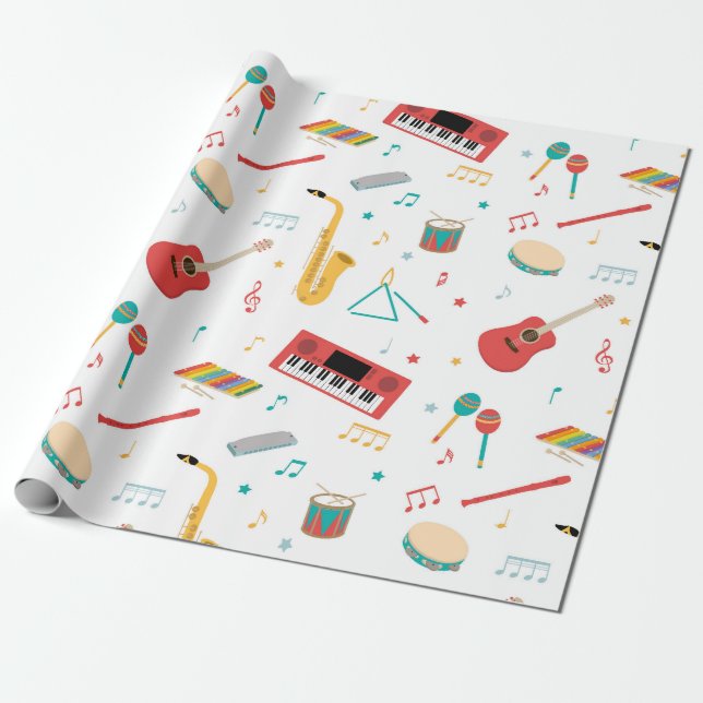 Papier Cadeau Musical Instruments Music Theme Pattern (Déroulé)