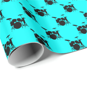 Papier Cadeau Musique Black Drum Set sur Aqua Blue