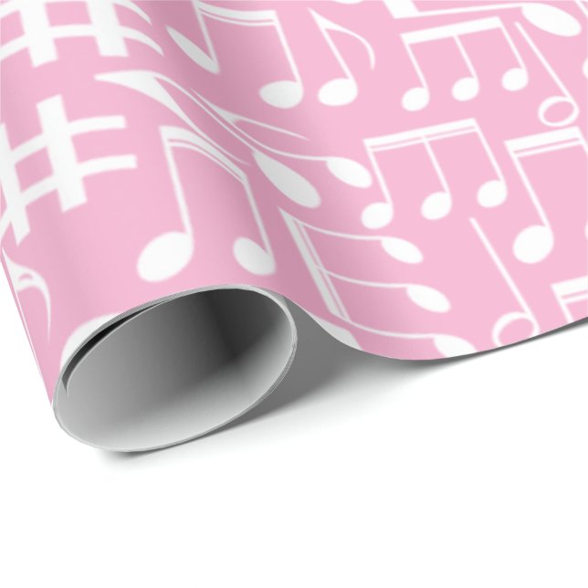 Papier Cadeau Musique Danse Notes Blanches Rose Pâle (Coin rond)
