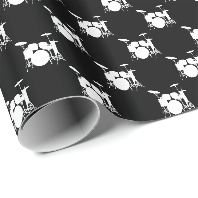 Papier Cadeau Musique Ensemble à tambour blanc sur noir (Coin rond)